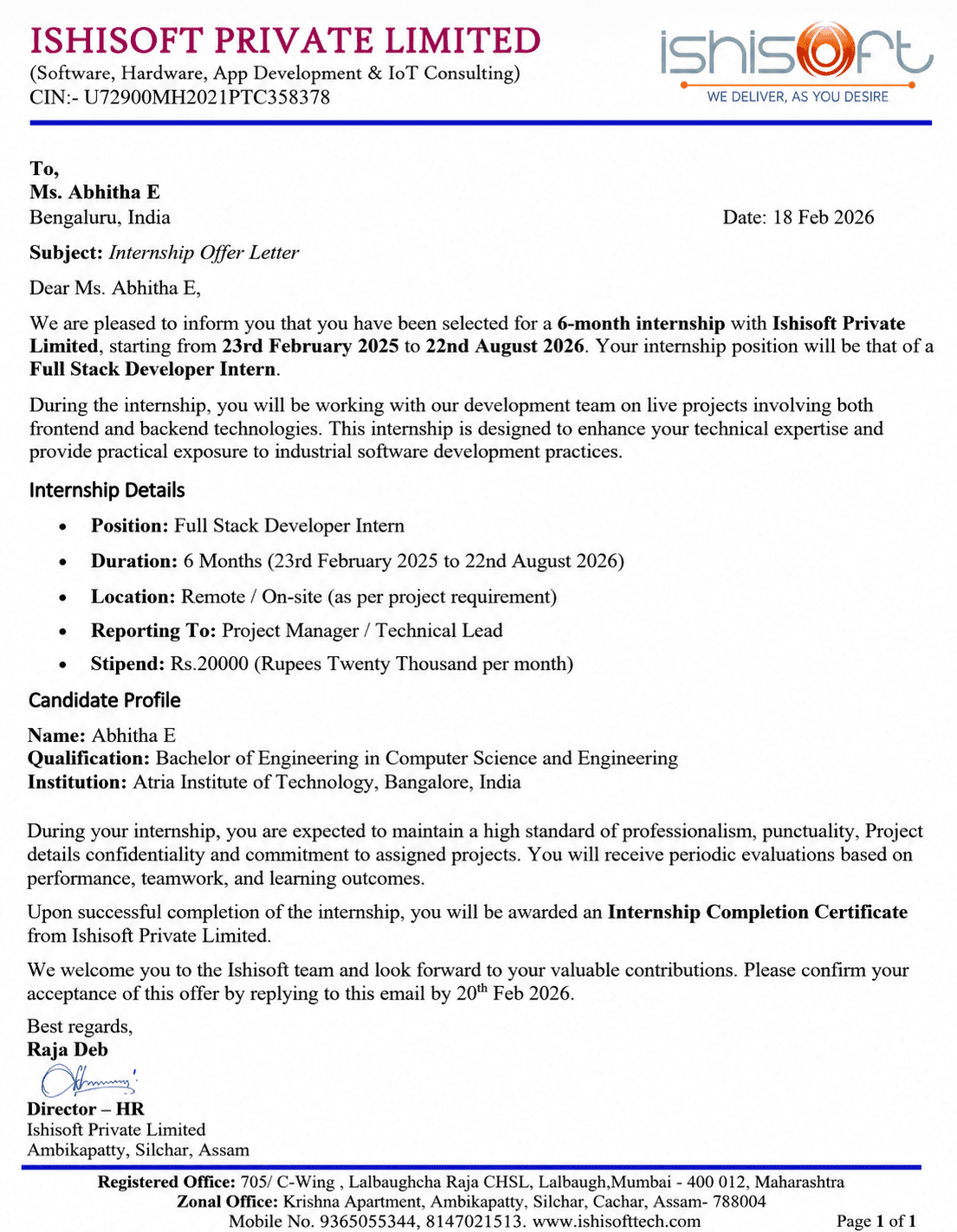 Internship offer letter from Ishisoft Private Limited appointing Abhitha E as a Full Stack Developer Intern for six months.